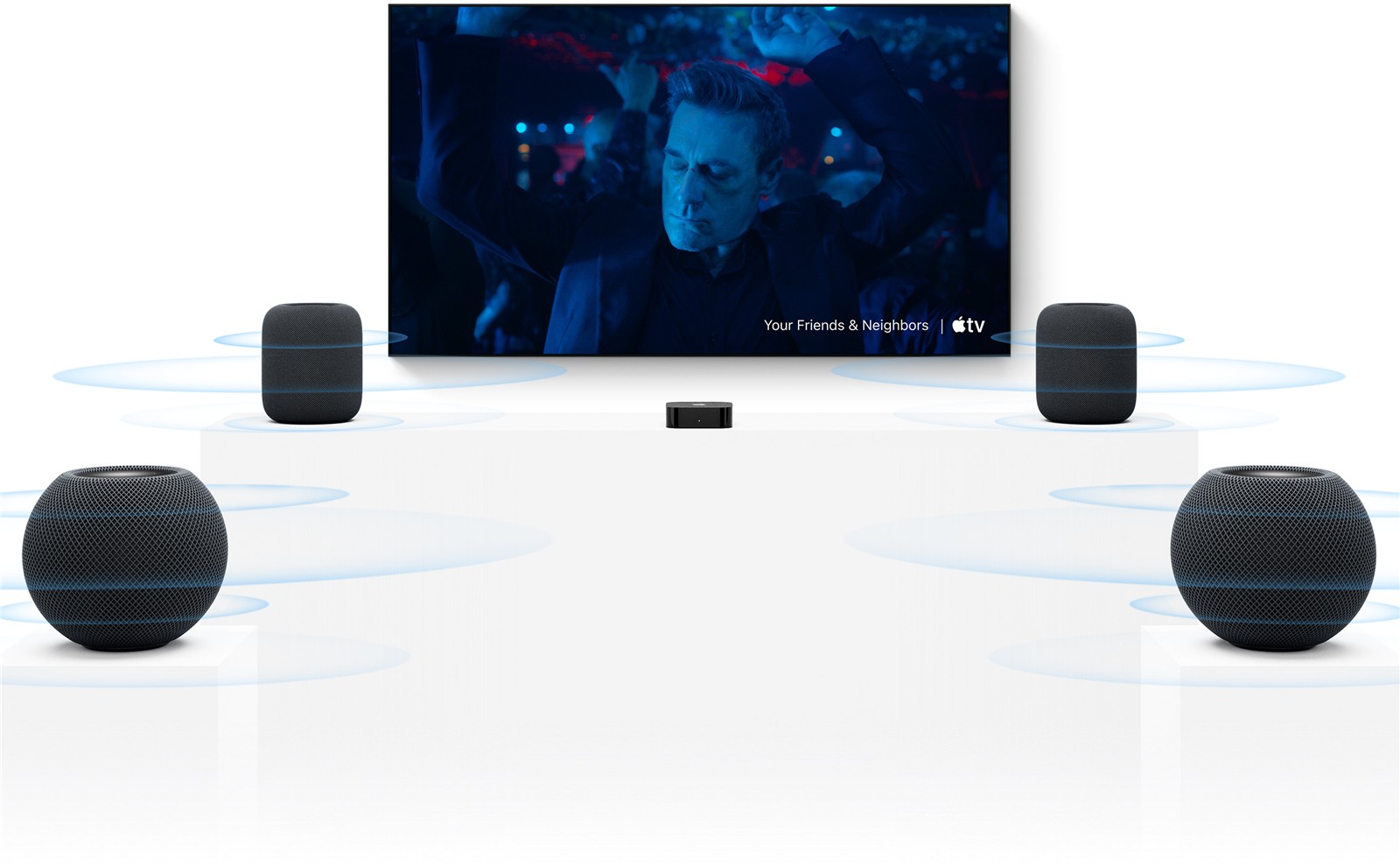 TV med Apple TV 4K og fire HomePod-høyttalere rundt sofaen