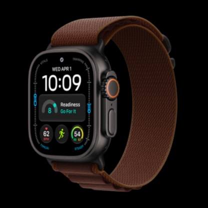 Apple Watch Ultra 4 i svart titan med vinrød Alpine Loop-reim