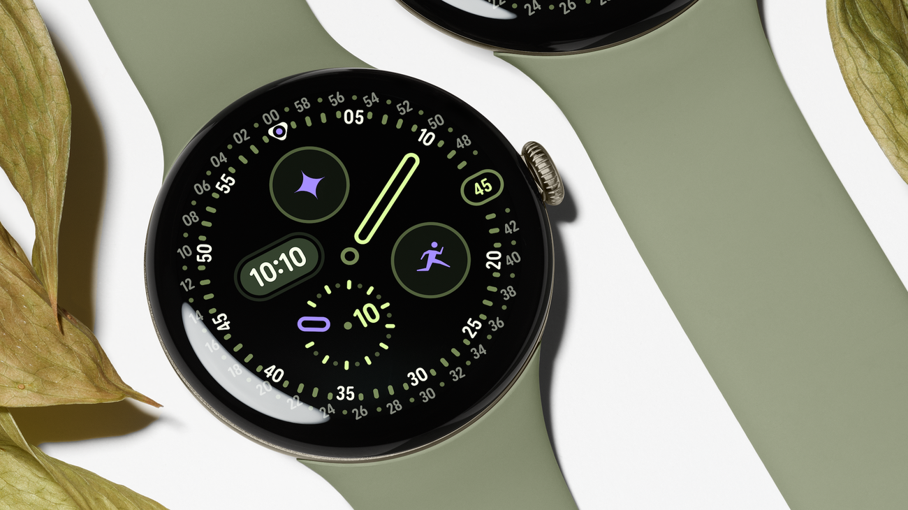 Google Pixel Watch 5 med olivengrønn reim