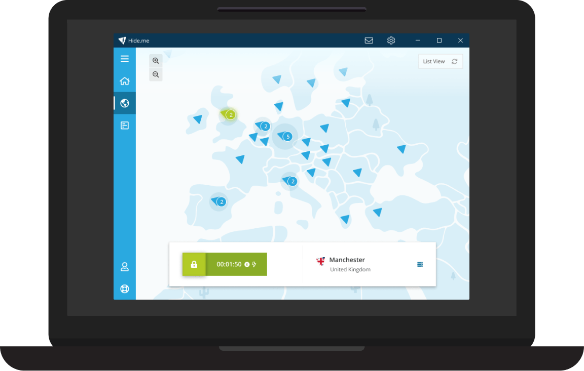 VPN-appen til hide.me for Windows med kart over servere i Europa