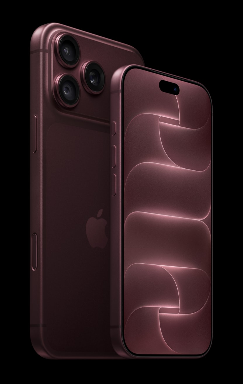 iPhone 18 Pro forfra og iPhone 18 Pro Max bakfra i vinrød