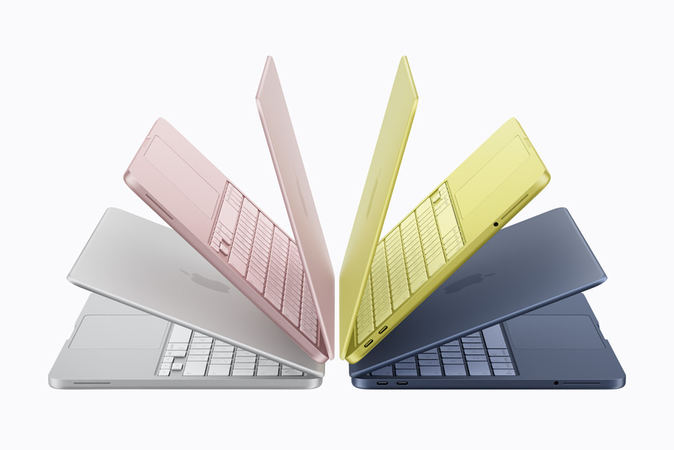 MacBook Neo i fargene sølv, rosa, gul og indigo