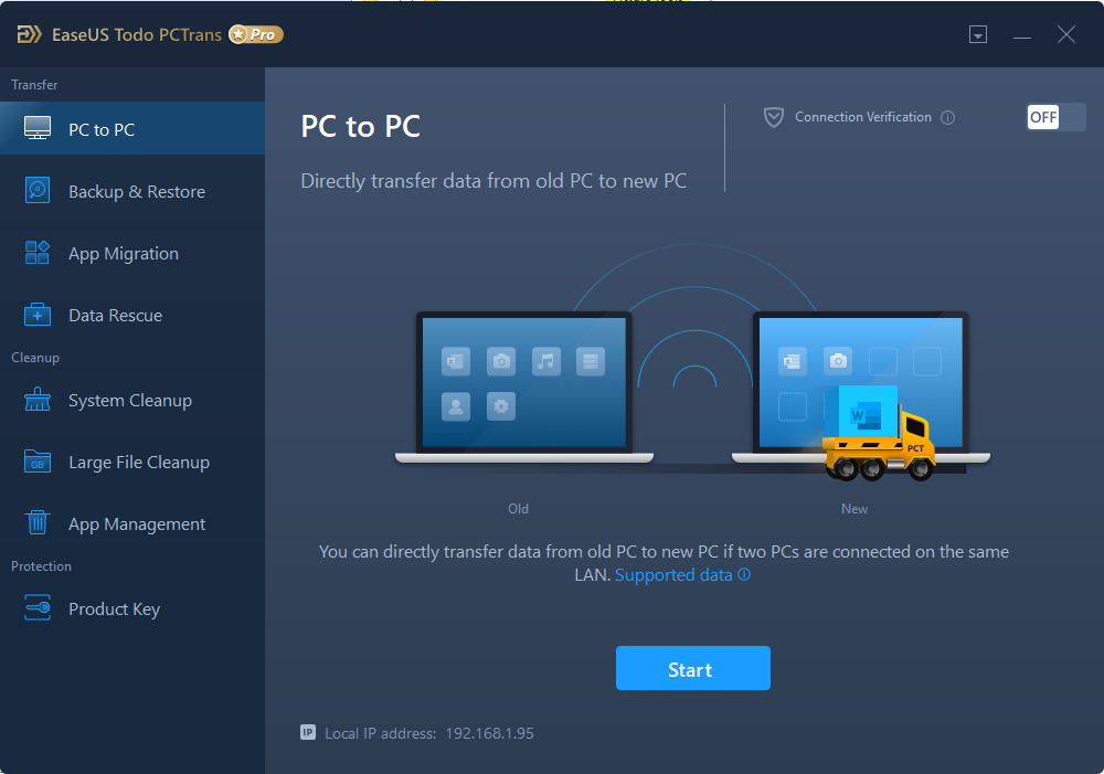 EaseUS Todo PCTrans med valget PC to PC for overføring fra gammel til ny PC