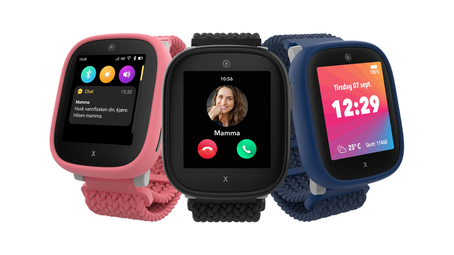 Tre Xplora X6Play smartklokker for barn i rosa, svart og blått